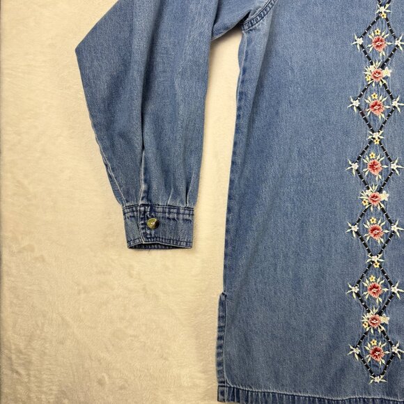 Vintage Denim Button Up Embroidered Floral Print Oversized Large Western Cottage - Picture 5 of 8